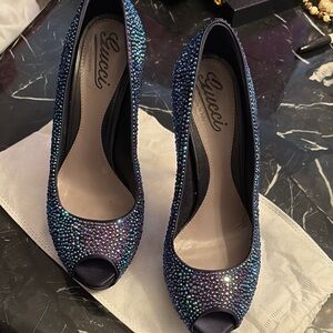 Authentic Gucci Blue Crystal Peep Toe Shoes